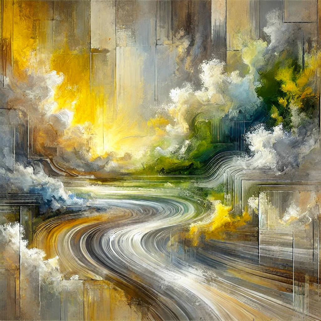 A vibrant abstract painting of a winding road or river flowing through a surreal landscape, filled with dynamic clouds of yellow, white, green, and gray. The scene is infused with glowing light, especially from the upper left where a golden hue suggests a sunrise or burst of inspiration. Geometric lines and rectangular forms intersect the natural flow, evoking a sense of both chaos and order — a metaphorical journey through creativity or life.
