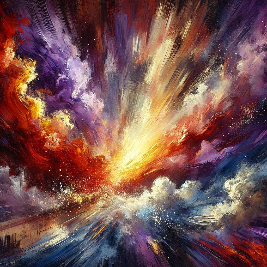 Vivid abstract painting of an explosive burst of color and light, with radiant yellows and fiery oranges at the center, blending into deep purples, crimson reds, and stormy blues. The brushstrokes sweep outward in a dynamic motion, resembling a cosmic explosion or a dramatic sunrise breaking through turbulent clouds.