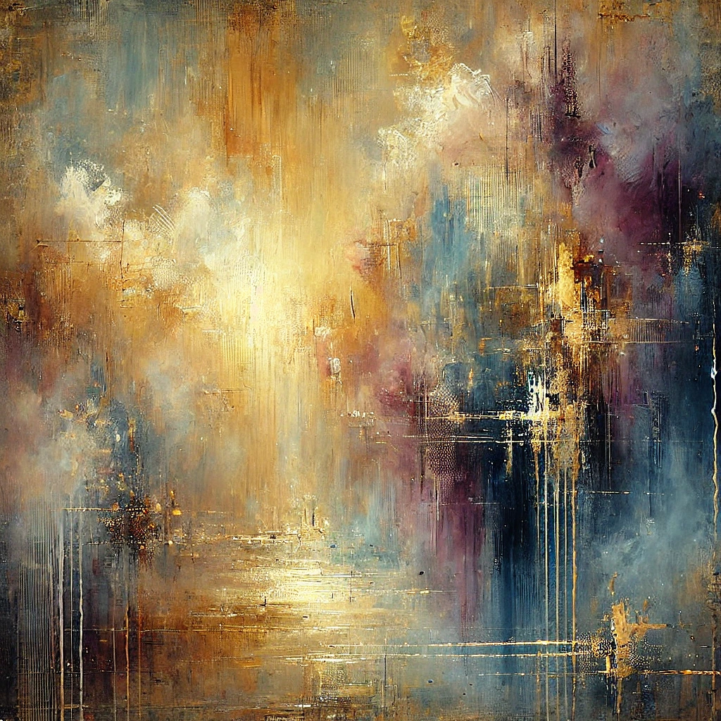 Abstract painting with radiant golden and amber hues blending into cool shades of blue, purple, and soft gray. Vertical streaks and rough textures create a sense of motion and light, evoking a dreamy, almost celestial landscape with hints of architectural structure.