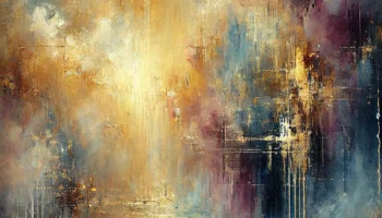 Abstract painting with radiant golden and amber hues blending into cool shades of blue, purple, and soft gray. Vertical streaks and rough textures create a sense of motion and light, evoking a dreamy, almost celestial landscape with hints of architectural structure.